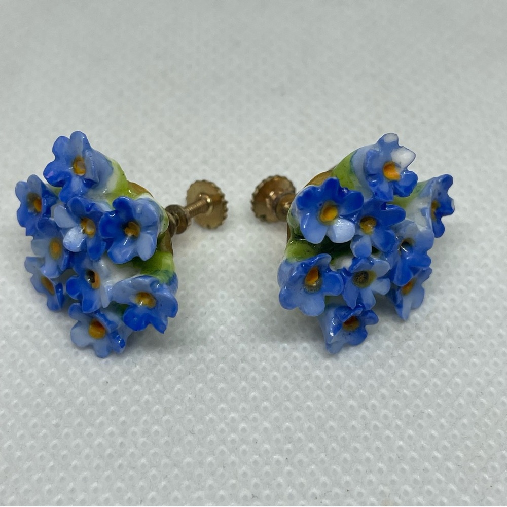 Vintage Denton England Bone China Cornflower Blue Hand Painted Earrings 1940s - Picture 2 of 6